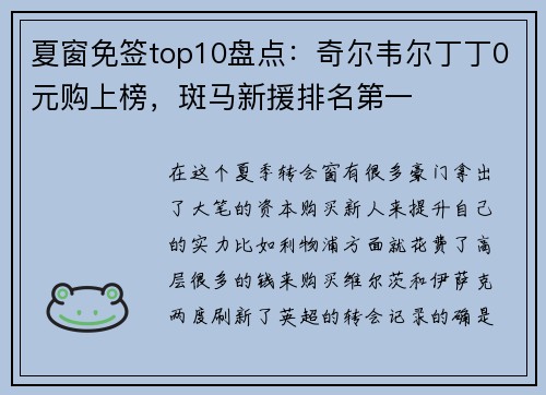 夏窗免签top10盘点：奇尔韦尔丁丁0元购上榜，斑马新援排名第一