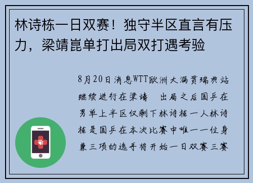 林诗栋一日双赛！独守半区直言有压力，梁靖崑单打出局双打遇考验
